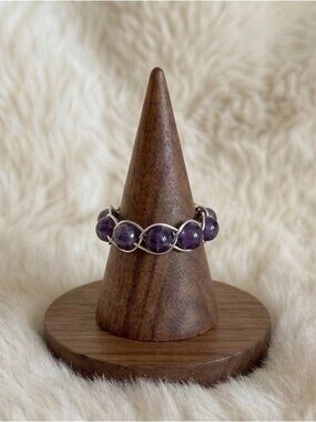 Handmade Amethyst Beaded Wire Wrap Ring Silver Plated Size 7